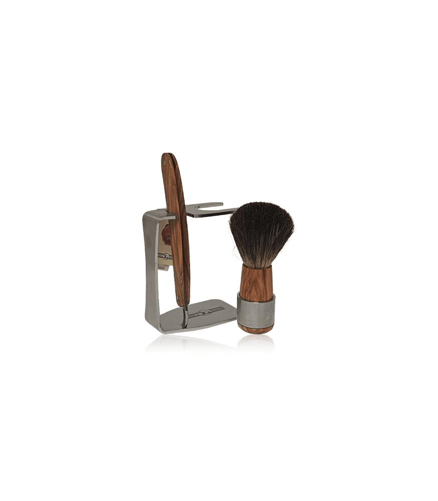 Golddachs Rasier-Sets Rasierset Olivenholz/Edelstahl mit Rasiermesser & Dachshaar-Pinsel (3-teilig)