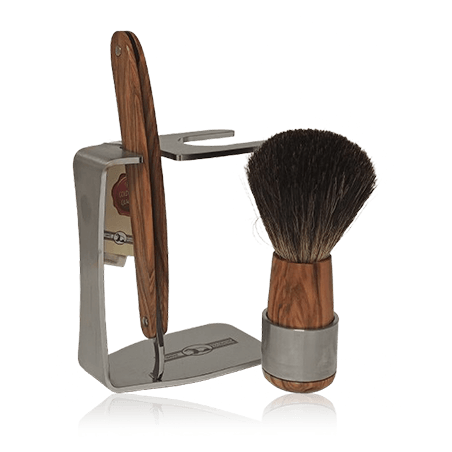Golddachs Rasier-Sets Rasierset Olivenholz/Edelstahl mit Rasiermesser & Dachshaar-Pinsel (3-teilig)
