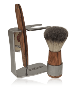 Golddachs Rasier-Sets Rasierset Olivenholz/Edelstahl mit Rasiermesser & Kunsthaar-Pinsel (3-teilig)