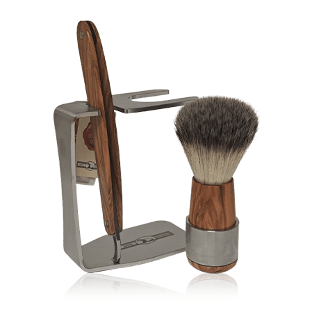 Golddachs Rasier-Sets Rasierset Olivenholz/Edelstahl mit Rasiermesser & Kunsthaar-Pinsel (3-teilig)