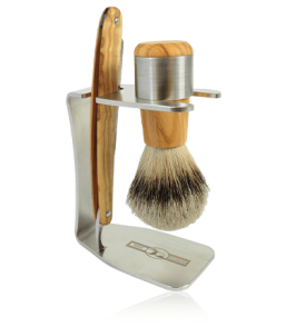 Golddachs Rasier-Sets Rasierset Olivenholz/Edelstahl mit Rasiermesser & Silberspitzhaar-Pinsel (3-teilig)