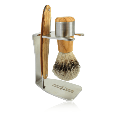 Golddachs Rasier-Sets Rasierset Olivenholz/Edelstahl mit Rasiermesser & Silberspitzhaar-Pinsel (3-teilig)
