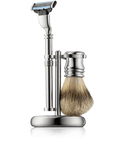 Golddachs Rasier-Sets Rasierset silber mit Dachs-Zupfhaar (3-teilig)